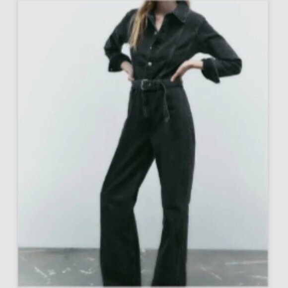 ZARA FULL LENGTH DENIM JUMPSUIT Long Sleeve Belted Collared Straight Leg M Black - Picture 4 of 16